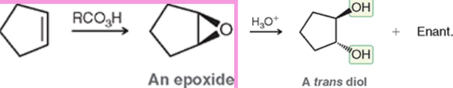 <p>Anti-addition of OH’s</p><p>Goes through an epoxide intermediate</p>
