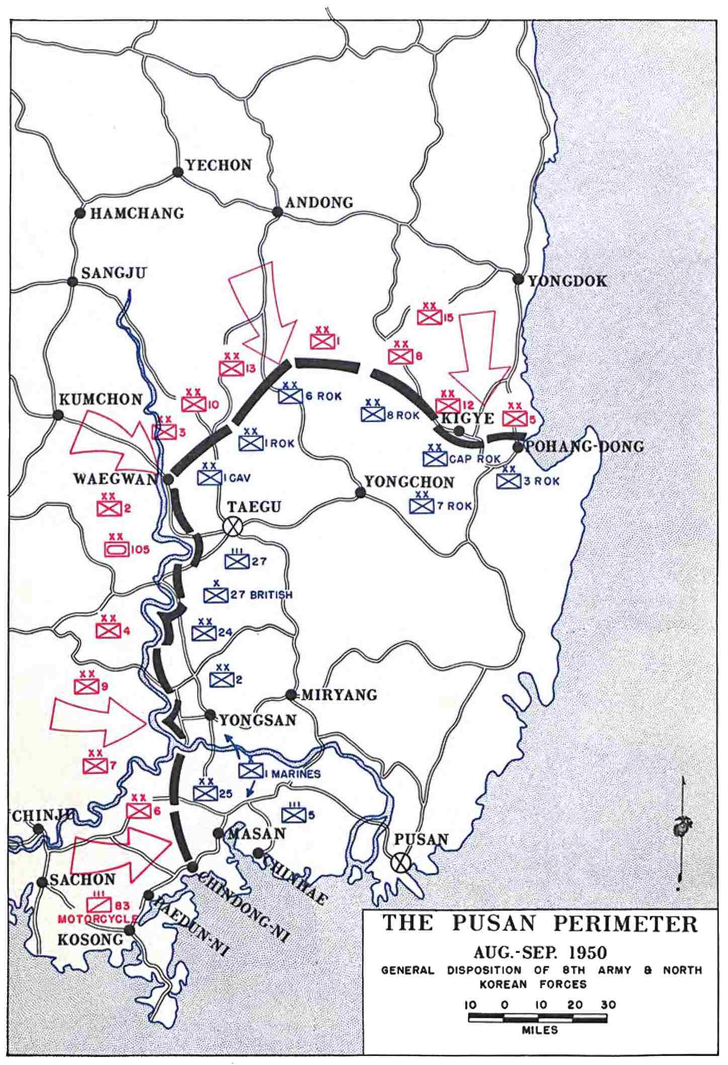 <p>Defensive line held by UN and U.S. forces in the first months of the Korean War (1950). Successful defense prevented South Korea’s collapse and allowed for later offensive operations.</p>