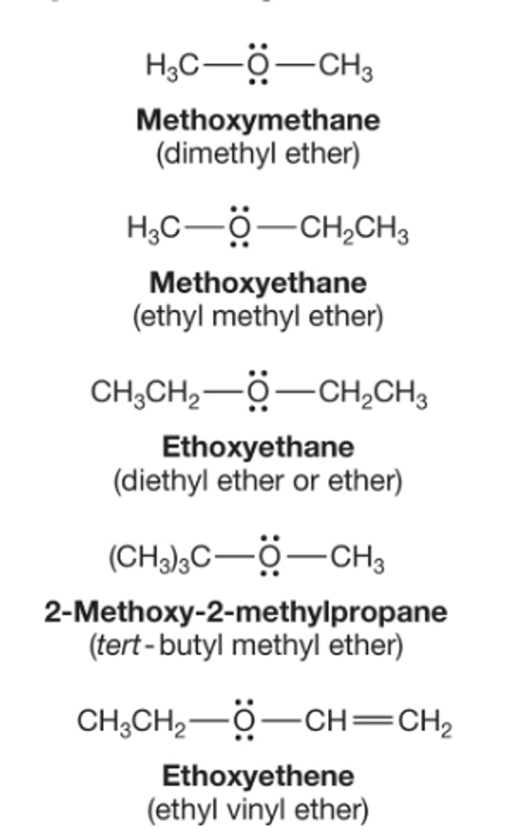 <p>Ethers are compounds that have the form R-O-R or R-O-R'</p><p>In the common scheme, the two alkyl group attached to the oxygen are listed in alphabetical order and the word ether is appended</p><p>In the IUPAC system, ethers are named as Alkoxy (RO) alkanes, and groups are listed in the prefix in alphabetical order</p><p>An ether is a subordinate group, which means in the IUPAC system it can only be named as a prefix</p>