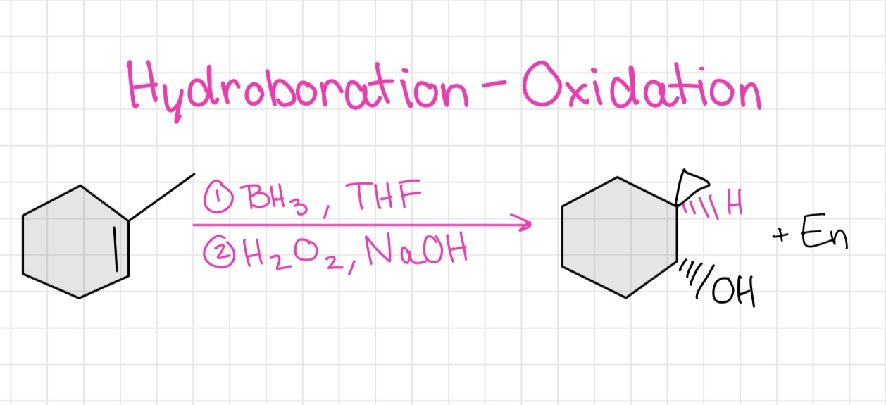 <ul><li><p>H and OH</p></li><li><p>Syn Addition</p></li><li><p>Anti-Markovnikov</p></li></ul>