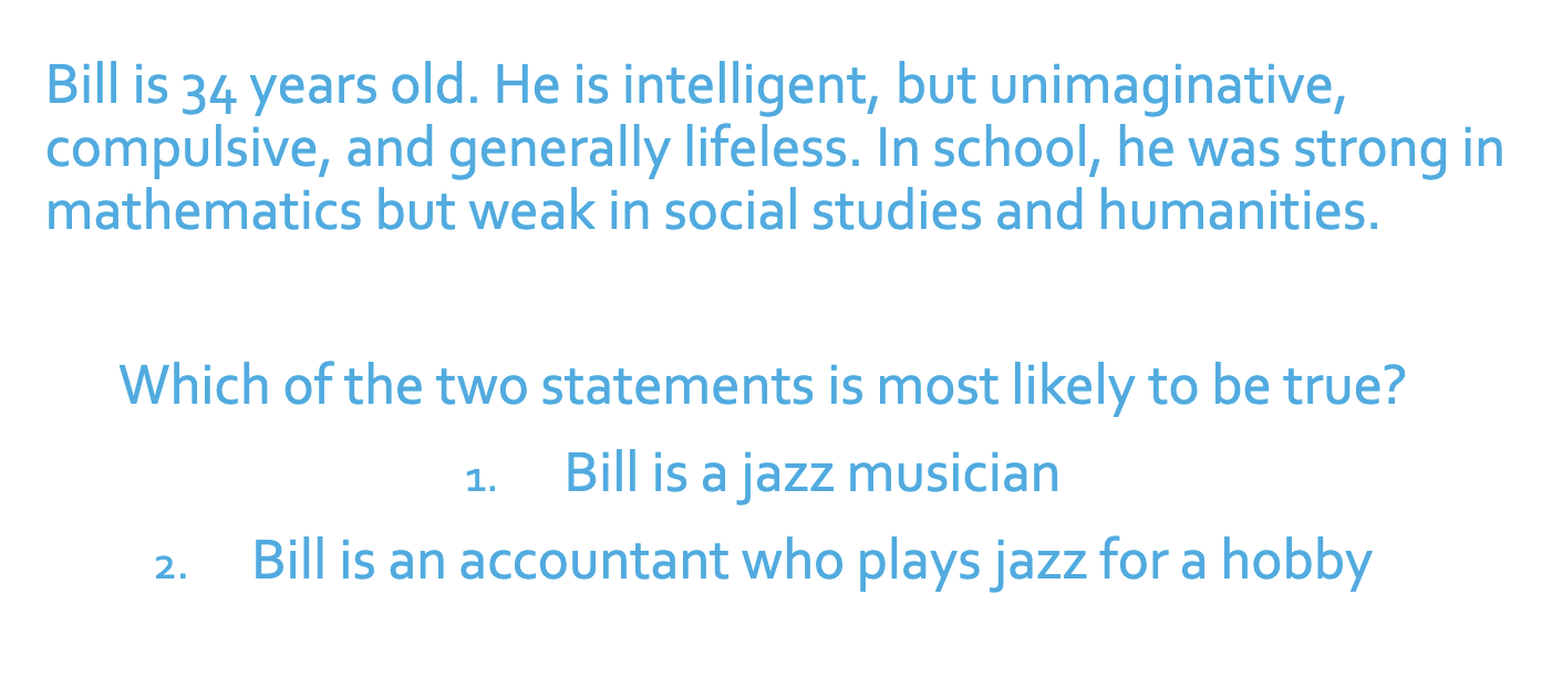 <p>Bill is a jazz musician is more likely because it is more likely for one thing to occur, than 2 things together.</p><p></p><p>However, people usually pick option 2 because of the representativeness heuristic. </p>