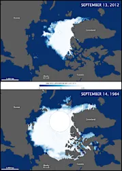 <p><span>Arctic sea ice grows through the winter each year and melts through the summer, typically reaching its minimum extent sometime in September. The extent can vary considerably from year to year, sometimes above the long-term average and sometimes below. Extent is defined as the total area in which the ice concentration is at least 15 percent. What can be inferred about the two images?</span></p>