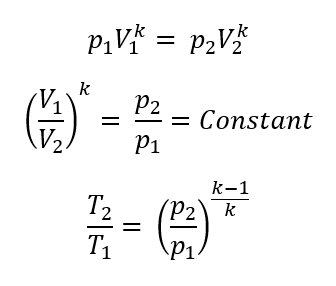 <ul><li><p>p<sub>1</sub> = initial absolute pressure of gas</p></li><li><p>p<sub>2</sub> = final absolute pressure of gas</p></li><li><p>V<sub>1</sub> = initial volume of gas</p></li><li><p>V<sub>2</sub> = final volume of gas</p></li><li><p>T<sub>1</sub> = initial absolute temperature of gas in °K (°K = °C + 273)</p></li><li><p>T<sub>2</sub> = final absolute temperature of gas in °K</p></li><li><p>k = ratio of the specific heat at constant pressure to the specific heat at constant volume (adiabatic exponent)</p></li></ul><p></p>