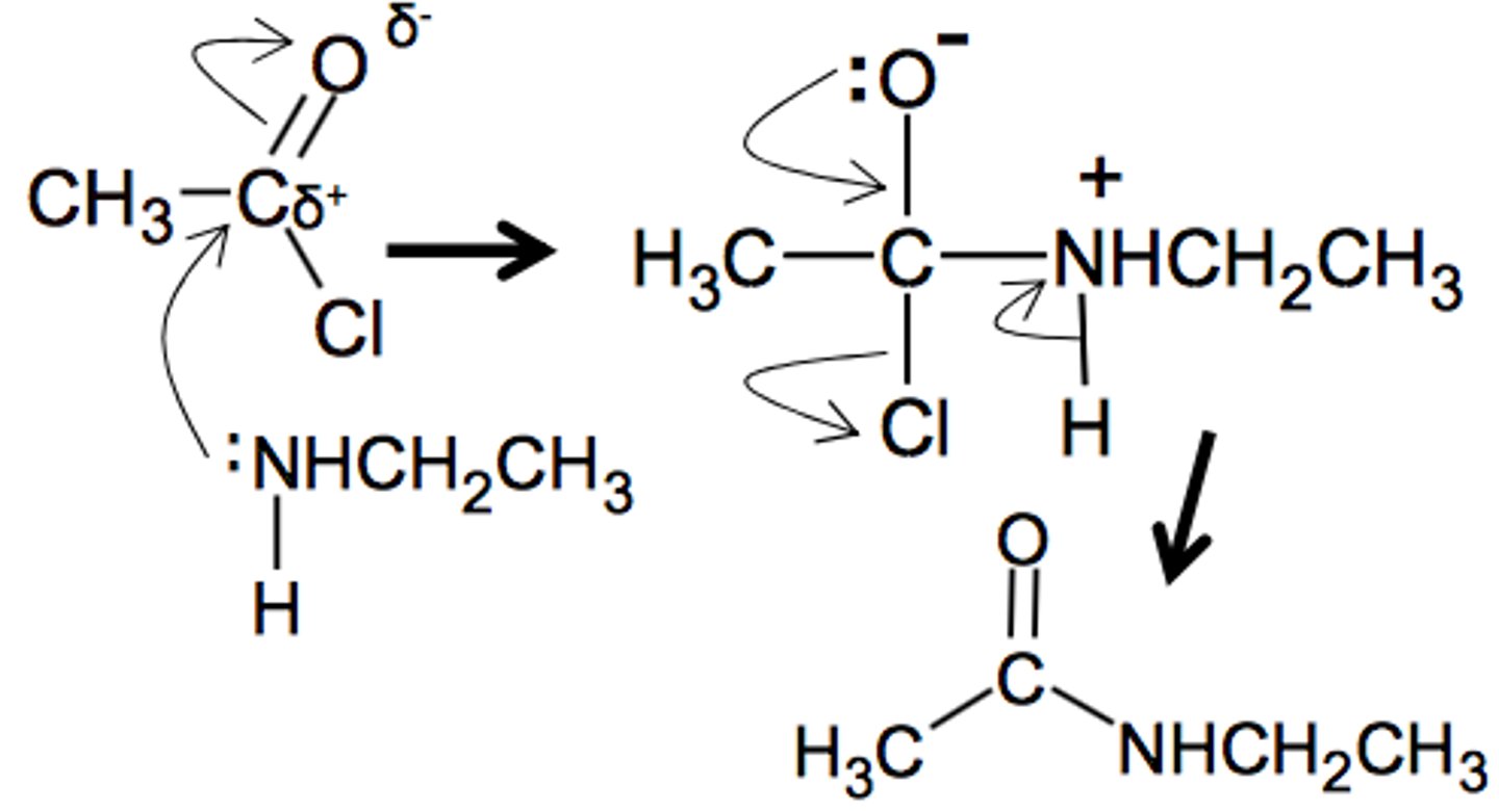 <p>[Nucleophilic addition-elimination]</p><p>Amine, 20°C</p><p>Product = N-ethylethanamide</p>