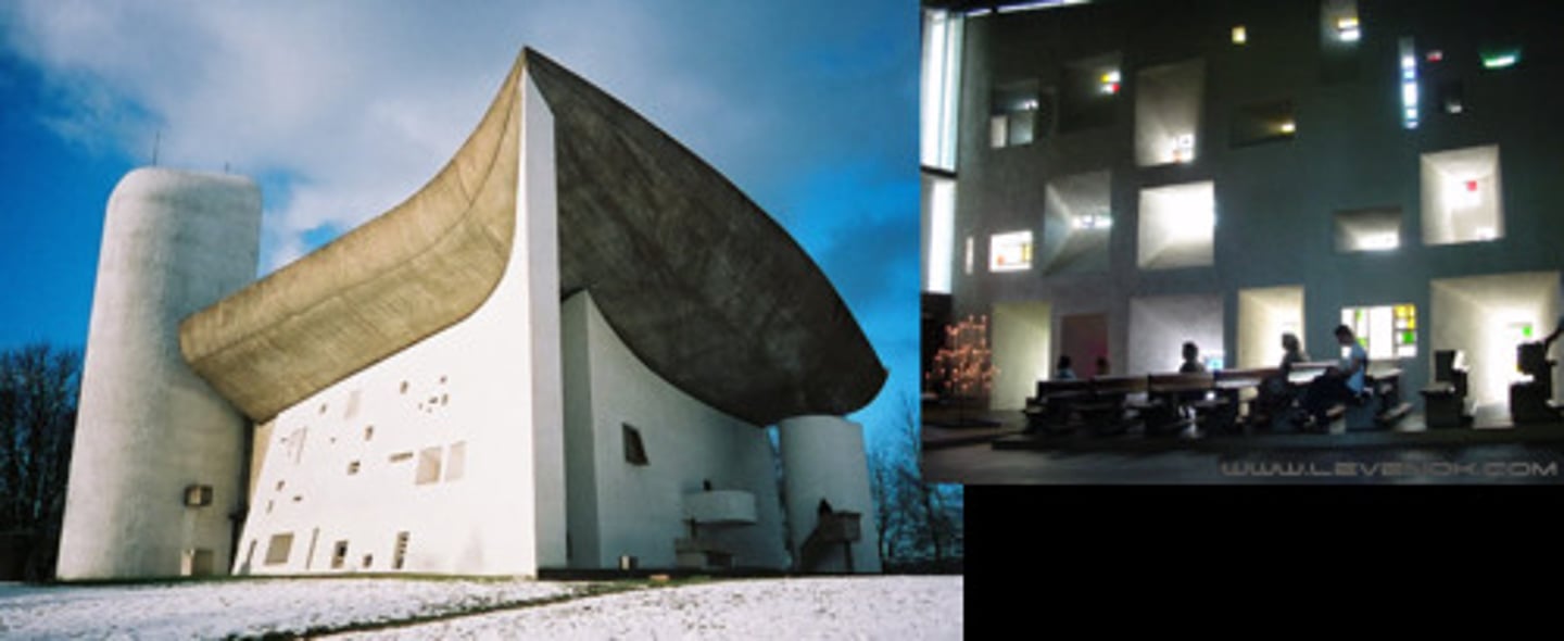 <p>Designed by Le Corbusier.</p><p>Large sloped roof that defied his previous "cardboard architecture."</p>