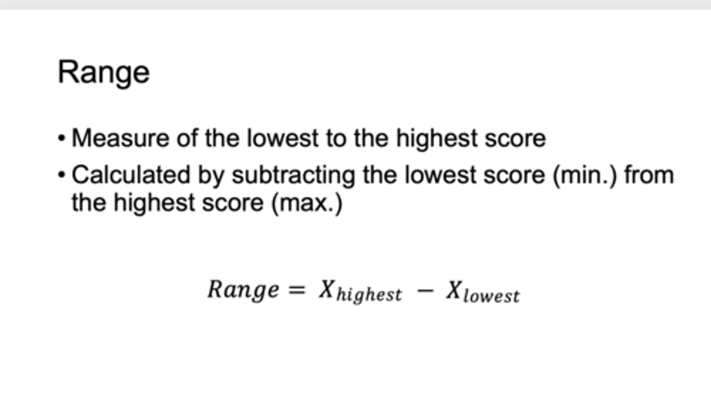 <p>the difference between the highest and lowest scores in a distribution</p>