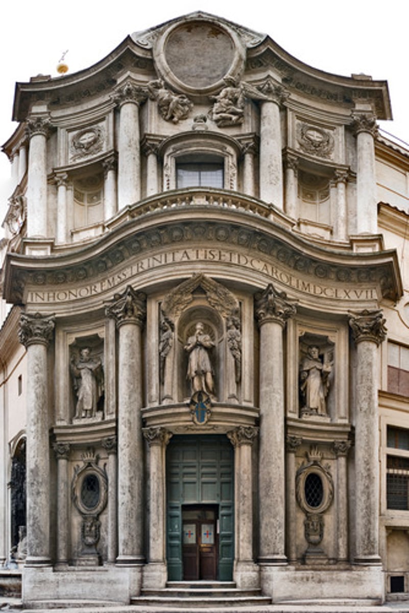 <p>Location: Rome, Italy</p><p>Time Period: 1638- 1646 C.E</p><p>Artist: Francesco Borromini</p><p>Material: Stone and stucco</p><p>Facts: It was commissioned in 1634 and was built during 1638-46, except for the tall facade, which was added about 1677. Built to fit in a cramped and difficult site, the church has an unusual and somewhat irregular floor plan in the shape of a Greek cross defined by convex curves. The facade is similarly undulating in plan, and this effect was subsequently adopted by other Baroque architects in their church designs. The unifying design feature in the interior is the use of the triangle, a motif for the Trinity.</p>