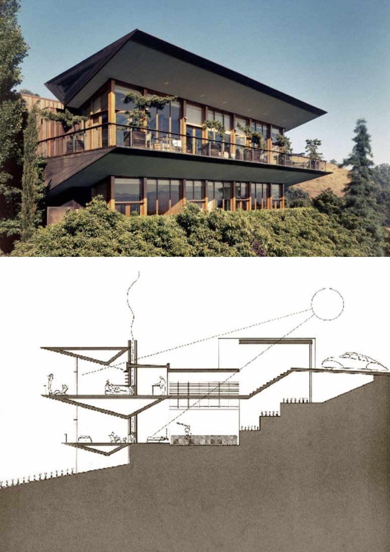 <ul><li><p>embodies regionalism, material of Cali (redwood)</p><ul><li><p>accepts aging + integration w/ nature</p></li></ul></li><li><p>space flowing through, elements floating in space</p></li><li><p>faces west, light comes in through the form</p></li></ul><p></p>