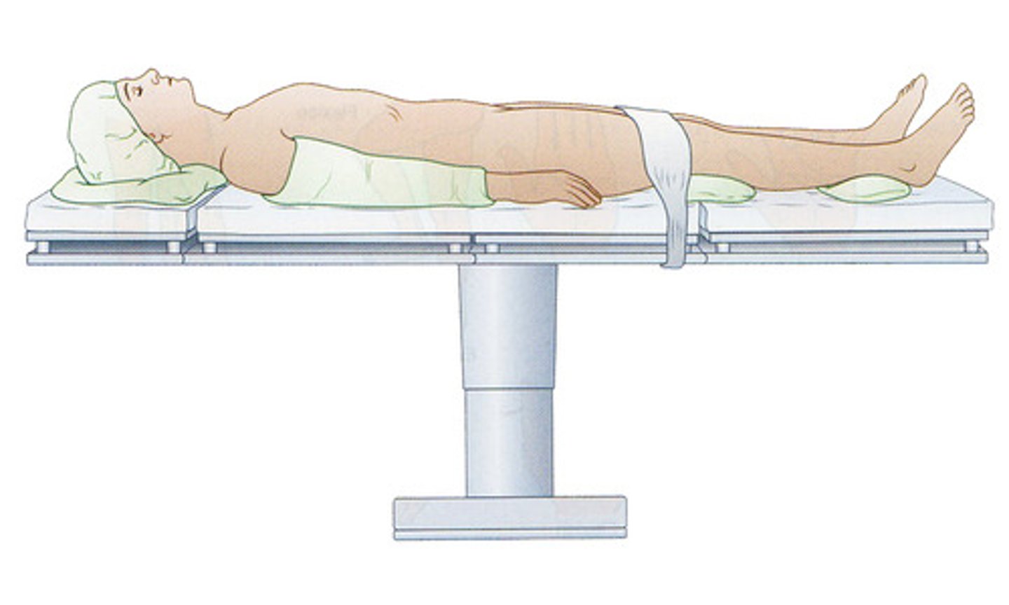<p>face-upward position of the body; lying on the back</p><p>hands at the sides - patients feet are supported by extending the exam table</p><p>used for anything on the anterior or ventral (front) surface of the body (head, chest, stomach) and for certain types of x-rays</p>