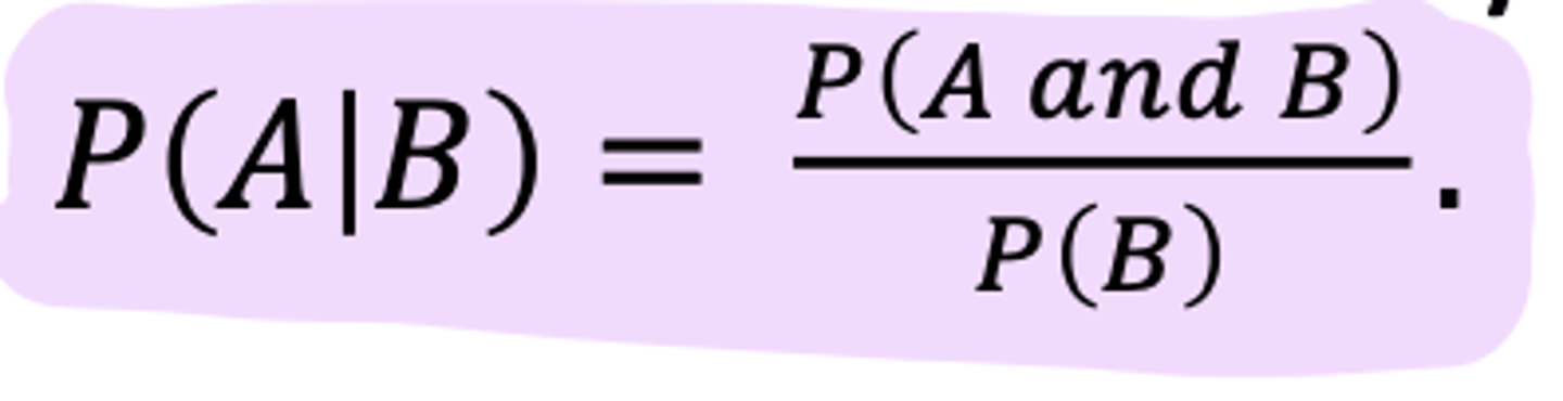 <p>P(A/B) = (P(A and B))/P(B)</p>