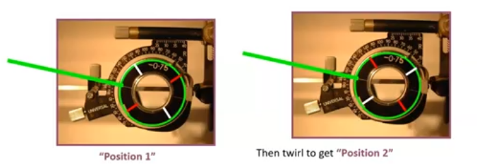 <p>when checking cyl axis the handle of the JCC is held along the cyl axis in the trial frame </p><p>so if axis in trail frame is 170, handle is held along axis, so its held at 80</p><p></p>