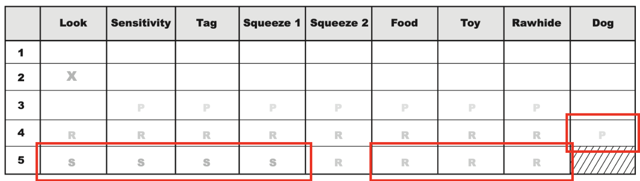 <p>P = potential behavior modification and/or management</p><p>R = behavior modification and/or management strongly recommended</p><p>S = STOP item for safety reasons. Behavior modification and/or management strongly recommended. Move to food if SOP suggests </p><ul><li><p>for ex: if, during Look item, dog averted his eyes and was stiff and fearful, score is 2, the assessor would mark in X in the look column at row 2 </p></li></ul>