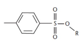 <p>−SO3C6H4CH3</p><p>derived from toluenesulfonic acid</p><p>are produced by the reaction of alcohols with p-toluenesulfonyl chloride, forming esters of toluenesulfonic acid</p><p>good leaving group, good protecting group</p>