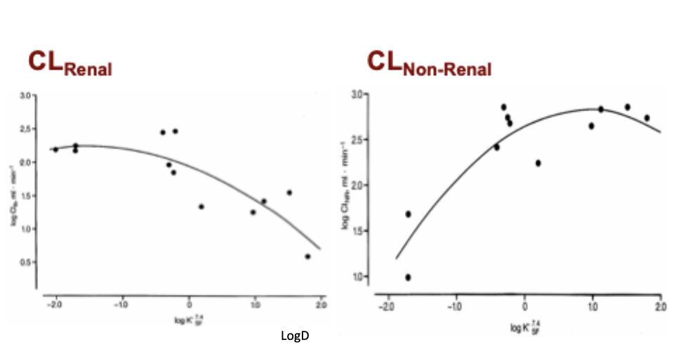 <p>High LogD = drug tissue permeable and is reabsorbed = low renal clearance = high non-renal clearance</p>