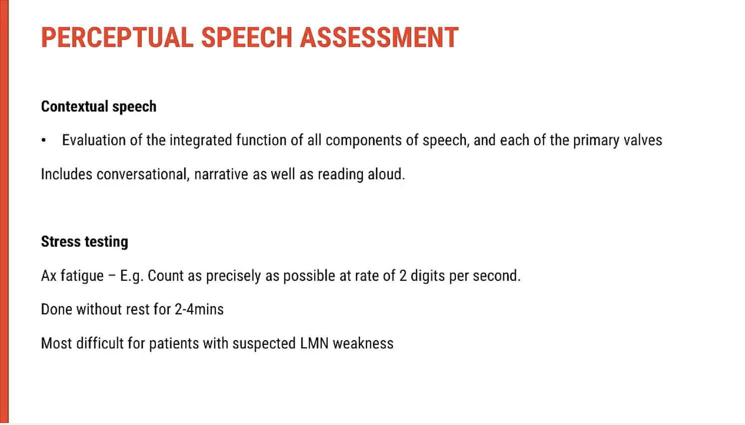 <p><span data-name="mag" data-type="emoji">🔍</span><span><strong>&nbsp;Key Components of Connected Speech Assessment</strong></span></p><p>&nbsp;</p><p><span data-name="person_lifting_weights" data-type="emoji">🏋</span><span><strong>&nbsp;Stress Testing (Evaluating Limits and Fatigue)</strong></span></p><ul><li><p><span><strong>Purpose:</strong>&nbsp;To observe the&nbsp;<strong>resilience</strong>&nbsp;and&nbsp;<strong>sustainability</strong>&nbsp;of speech under increasing demand, which can reveal&nbsp;<strong>fatigue</strong>&nbsp;or&nbsp;<strong>weakness</strong>&nbsp;that doesn't appear in low-demand tasks.</span></p></li><li><p><span><strong>Common Stress Tests:</strong></span></p><ul><li><p><span><strong>Extended speech tasks</strong>&nbsp;(e.g. long sentences, paragraphs)</span></p></li><li><p><span><strong>Sustained phonation</strong>&nbsp;or&nbsp;<strong>prolonged speech tasks</strong></span></p></li><li><p><span><strong>Rapid or complex sentence production</strong>&nbsp;(such as alternating complex phrases or word lists like "papa" or "peta" in rapid succession)</span></p></li><li><p><span><strong>Conversational flow</strong>&nbsp;during&nbsp;<strong>continuous communication</strong>&nbsp;to see if endurance issues arise</span></p></li></ul></li></ul><p>&nbsp;</p><p><span data-name="brain" data-type="emoji">🧠</span><span><strong>&nbsp;Intelligibility (Speech Clarity and Understanding)</strong></span></p><ul><li><p><span><strong>Purpose:</strong>&nbsp;To evaluate how well the client’s speech can be understood by others.</span></p><ul><li><p><span><strong>Articulation clarity</strong>: Are consonants and vowels accurately articulated?</span></p></li><li><p><span><strong>Prosody and pacing</strong>: Does the individual use natural prosody (e.g., stress, rhythm) that helps with understanding?</span></p></li></ul></li><li><p><span><strong>Observed in Connected Speech:</strong></span></p><ul><li><p><span><strong>Slurred articulation</strong>,&nbsp;<strong>imprecise consonants</strong>, or&nbsp;<strong>nasal emission</strong>&nbsp;may lower intelligibility.</span></p></li><li><p><span><strong>Rapid speech</strong>&nbsp;with inconsistent stress patterns or imprecise articulation may cause speech to become less intelligible.</span></p></li></ul></li></ul><p><span><strong>Stress Testing and Intelligibility:</strong></span></p><ul><li><p><span>Prolonged tasks or fatigue will often affect&nbsp;<strong>intelligibility</strong>. For example, during sustained speech tasks (e.g. telling a story continuously),&nbsp;<strong>fatigue</strong>&nbsp;may cause&nbsp;<strong>reduced articulation</strong>, leading to more&nbsp;<strong>unclear or indistinct speech</strong>.</span></p></li></ul><p>&nbsp;</p><p><span data-name="speech_balloon" data-type="emoji">💬</span><span><strong>&nbsp;Comprehensibility (Overall Understanding)</strong></span></p><ul><li><p><span><strong>Purpose:</strong>&nbsp;To assess how easily the message can be&nbsp;<strong>understood</strong>&nbsp;by a listener, despite potential speech clarity issues.</span></p><ul><li><p><span><strong>Verbal clarity</strong>&nbsp;combined with&nbsp;<strong>contextual cues</strong>&nbsp;such as&nbsp;<strong>gestures</strong>,&nbsp;<strong>facial expressions</strong>, and&nbsp;<strong>body language</strong>.</span></p></li></ul></li><li><p><span><strong>Observed in Connected Speech:</strong></span></p><ul><li><p><span><strong>Gestures, facial expressions, and posture</strong>&nbsp;contribute significantly to&nbsp;<strong>comprehensibility</strong>, helping to convey meaning even if articulation is poor.</span></p></li><li><p><span><strong>Well-structured sentences</strong>&nbsp;and&nbsp;<strong>strategies like circumlocution</strong>&nbsp;(explaining around unknown words) aid in&nbsp;<strong>comprehensibility</strong>, making the message clearer.</span></p></li></ul></li></ul><p><span><strong>Intelligibility vs. Comprehensibility:</strong></span></p><ul><li><p><span><strong>Intelligibility</strong>&nbsp;refers to the actual&nbsp;<strong>clarity of speech sounds</strong>, whereas&nbsp;<strong>comprehensibility</strong>&nbsp;involves the&nbsp;<strong>listener’s ability to grasp the overall message</strong>, even when speech sounds aren’t perfect.</span></p></li><li><p><span>A person with&nbsp;<strong>low intelligibility</strong>&nbsp;but&nbsp;<strong>high comprehensibility</strong>&nbsp;may struggle with clarity but can still communicate effectively through compensatory strategies like&nbsp;<strong>repetition</strong>,&nbsp;<strong>exaggerated gestures</strong>, or&nbsp;<strong>contextual clues</strong>.</span></p></li></ul><p>&nbsp;</p><p><span data-name="jigsaw" data-type="emoji">🧩</span><span><strong>&nbsp;Multimodal Communication</strong></span></p><ul><li><p><span>When assessing&nbsp;<strong>comprehensibility</strong>, consider how much&nbsp;<strong>non-verbal communication</strong>&nbsp;is used:</span></p><ul><li><p><span><strong>Facial expressions</strong>,&nbsp;<strong>gestures</strong>,&nbsp;<strong>posture</strong>, and&nbsp;<strong>eye contact</strong>&nbsp;all support the message.</span></p></li><li><p><span>These compensatory strategies can&nbsp;<strong>offset difficulties with intelligibility</strong>, enabling&nbsp;<strong>effective communication</strong>even when speech is impaired.</span></p></li></ul></li></ul><p>&nbsp;</p><p><span data-name="film_projector" data-type="emoji">📽</span><span><strong>&nbsp;Why Recording Helps</strong></span></p><ul><li><p><span><strong>Recordings allow detailed analysis of both verbal and non-verbal communication.</strong></span></p><ul><li><p><span>This includes&nbsp;<strong>intelligibility</strong>&nbsp;of speech as well as how well the&nbsp;<strong>context</strong>&nbsp;(non-verbal cues) helps with&nbsp;<strong>comprehensibility</strong>.</span></p></li><li><p><span>For example, a&nbsp;<strong>client with poor intelligibility</strong>&nbsp;might still communicate well by using&nbsp;<strong>strong contextual speech</strong>,&nbsp;<strong>gestures</strong>, or&nbsp;<strong>facial expressions</strong>&nbsp;to clarify meaning.</span></p></li></ul></li></ul><p>&nbsp;</p><p><span data-name="bullseye" data-type="emoji">🎯</span><span><strong>&nbsp;Practical Application: Analyzing Speech and Communication Effectively</strong></span></p><ul><li><p><span><strong>Stress testing</strong>&nbsp;will help identify how&nbsp;<strong>intelligibility</strong>&nbsp;changes under fatigue or extended speaking tasks.</span></p></li><li><p><span><strong>Contextual speech</strong>&nbsp;(e.g. personal conversation or storytelling) will give you insight into how the client&nbsp;<strong>uses compensatory strategies</strong>&nbsp;to make themselves understood, regardless of the&nbsp;<strong>clarity</strong>&nbsp;of their speech.</span></p></li><li><p><span><strong>Intelligibility</strong>&nbsp;and&nbsp;<strong>comprehensibility</strong>&nbsp;should be considered together, as clients with&nbsp;<strong>low intelligibility</strong>&nbsp;may still have&nbsp;<strong>high comprehensibility</strong>&nbsp;through the use of additional communication strategies.</span></p></li></ul><p></p>