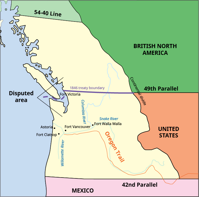 <ul><li><p>campaign slogan for Polk</p></li><li><p>was a way of telling the British that the US wanted all of the Oregon Country, including as far as north as the border of Alaska</p></li></ul>