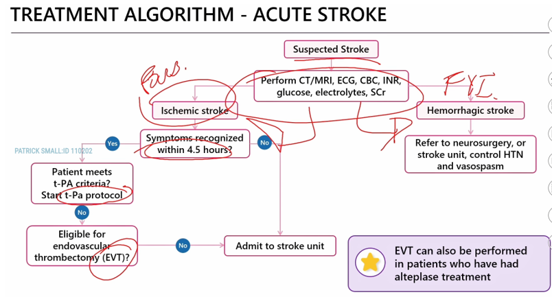 <p><span>tPA protocol = IV alteplase</span></p><p class="MsoNormal"><span>EVT (essentially sucking out to clot) is done if within 6 hr of onset of symptoms</span></p><p class="MsoNormal"><span>&nbsp;</span></p><p class="MsoNormal"><span>If pt started on alteplase, should have no ASA, warfarin or heparin for last 24 hr</span></p>