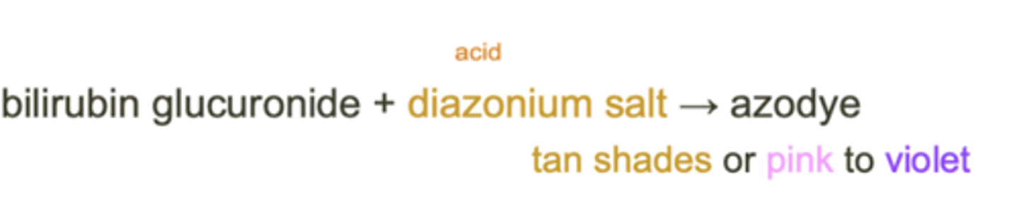 <p>Bilirubin reacts with diazonium salt, to form azobilirubin, which can be brown to beige to pink in color, depending on the diazonium salt used and the amount of bilirubin present</p>