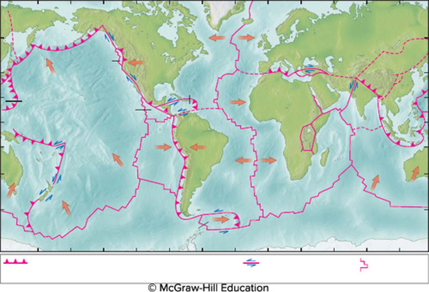<p>Top left to right: Mariana Trench, San Andreas Fault, Himalayan Mountain Range</p><p>Bottom left to right: East Pacific Rise, Mid-Atlantic Ridge, and Rift Valley</p>
