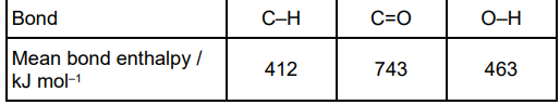 <p>Propane undergoes complete combustion.</p><p>C<sub>3</sub>H<sub>8</sub>(g) + 5 O<sub>2</sub>(g) ⟶ 3 CO<sub>2</sub>(g) + 4 H<sub>2</sub>O(l)</p><p>∆H = –2046 kJ mol<sup>–1</sup></p><p>The table below shows some bond enthalpy data.</p><p>The bond enthalpy for O=O is 496 kJ mol<sup>–1</sup></p><p>For H<sub>2</sub>O(l) ⟶ H<sub>2</sub>O(g) ∆H = +41 kJ mol<sup>–1 </sup>Use these data to calculate a value for the C–C bond enthalpy in propane. (4)&nbsp;</p>