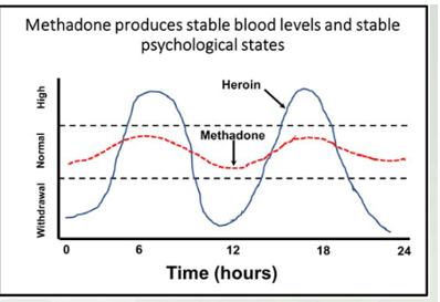 <p>Methadone produces stable blood levels and stable psychological states</p>