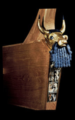 <p>Mesopotamian Ur, Iraq. ca. 2600 BCE. Wood with gold, lapis lazuli, bitumen, and shell, reassembled in modern wood support.</p>