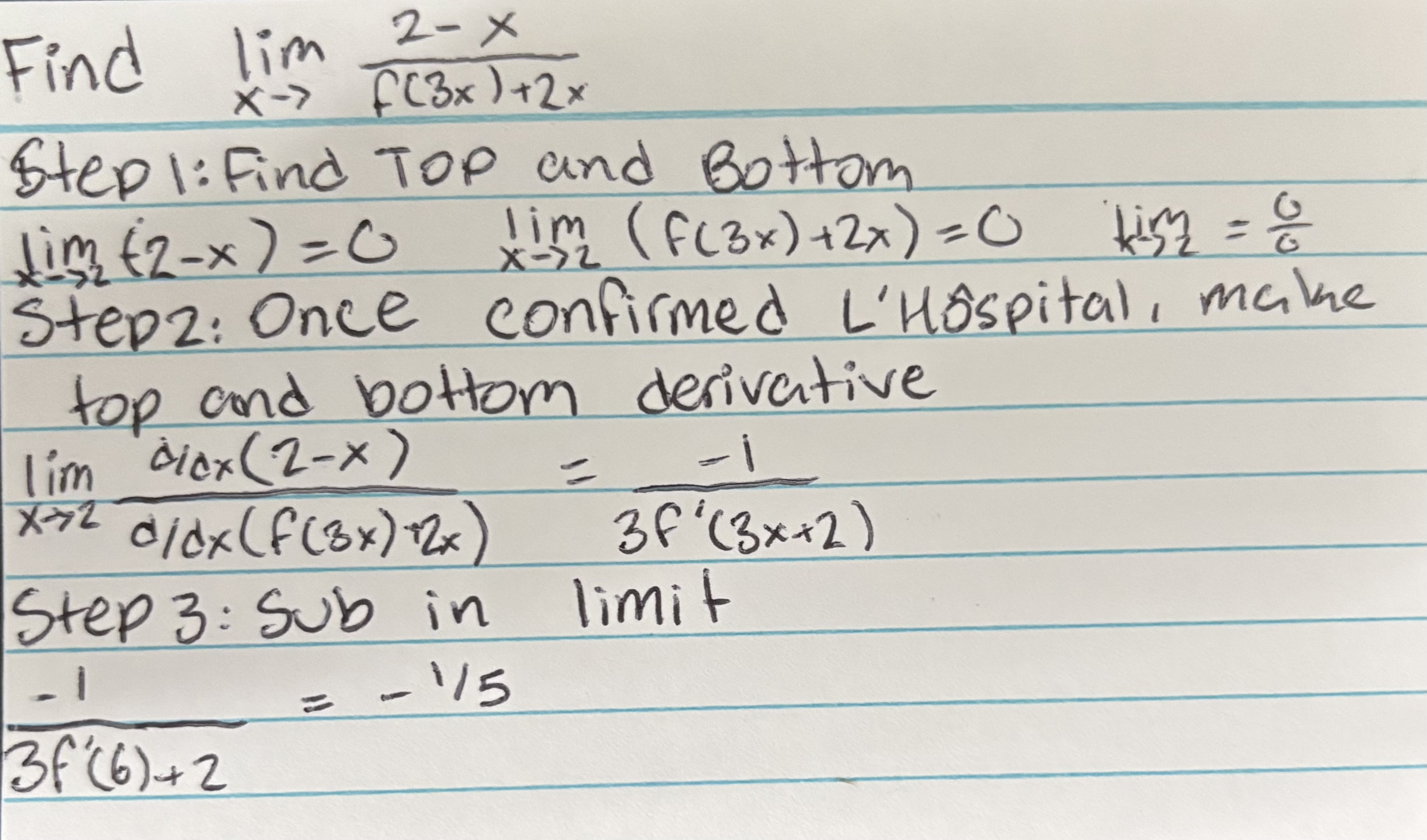 <ol><li><p>Find the Limit of the top and bottom separately</p></li><li><p>Put it together, IF it equals an actual number, apply rule</p></li><li><p>Find limit of derivative</p></li><li><p>Plug in the limit</p></li></ol><p></p>