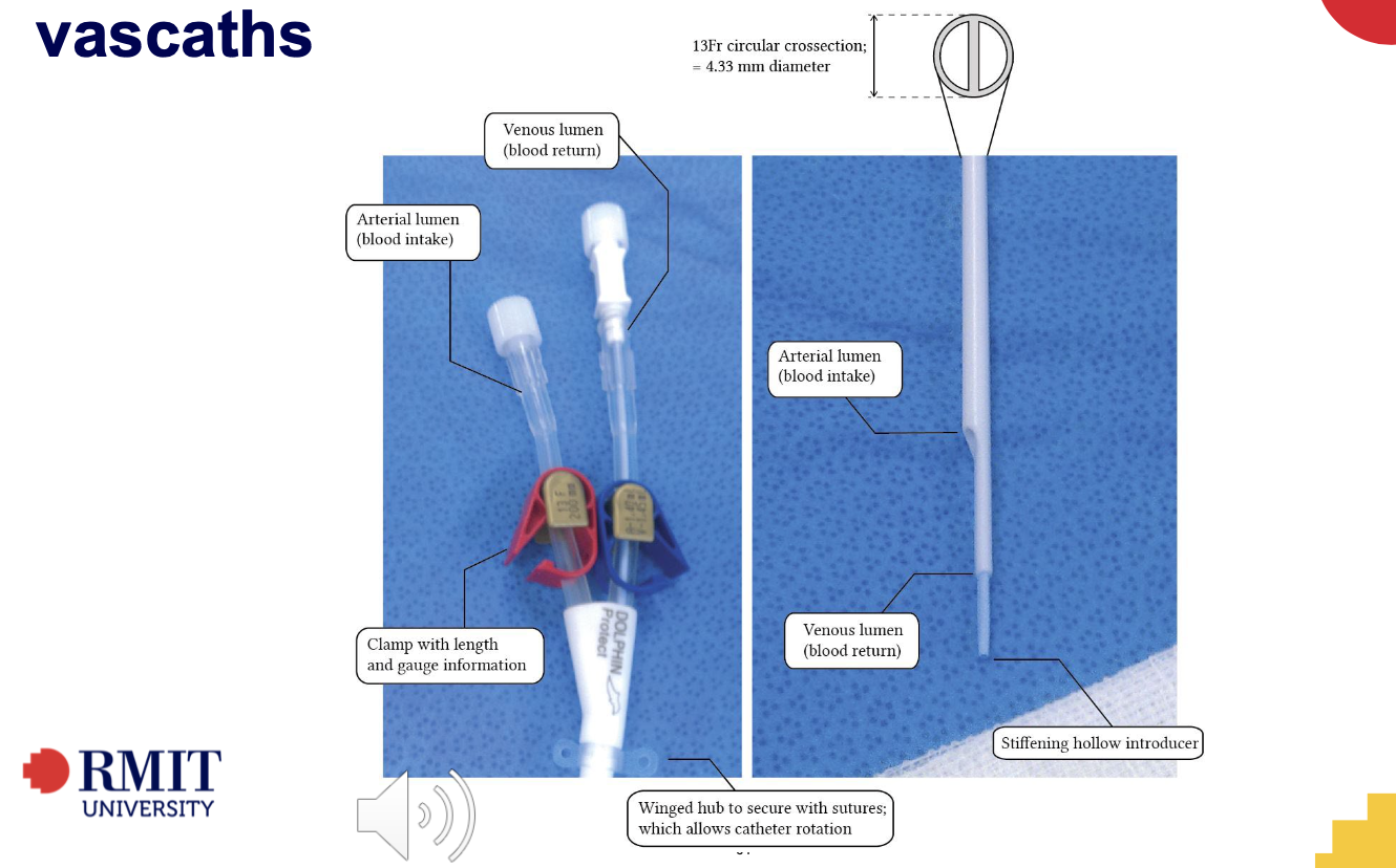 <p>• A vascath is a non-tunnelled central venous access device (CVAD),</p><p class="p1">• Used for short term access</p><p class="p1">• For dialysis and stem cell collection via apheresis.</p><p class="p1">• Vascaths are large-bored devices, 13.5F</p><p class="p1">• Inserted in the subclavian vein, the internal jugular (IJ) vein or the femoral vein.</p><p class="p1">• Vascaths are usually ‘locked’ with high concentrations of heparin to prevent lumen</p><p class="p1">blockage and remain clamped when not in use.</p><p class="p1">• Vascaths should only be accessed by trained dialysis and apheresis staff for these</p><p class="p1">procedures.</p><p class="p1"></p><p class="p1">• Usually 1.2 mls heparin per lumen</p><p class="p1">• It is recommended that vascaths do not remain insitu for longer</p><p class="p1">than 7 days.</p>