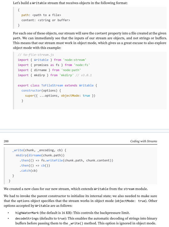 <p>We can implement a new Writable stream by inheriting the class Writable and providing an implementation for the _write() method. Let’s try to do it immediately while discussing the details along the way.</p>