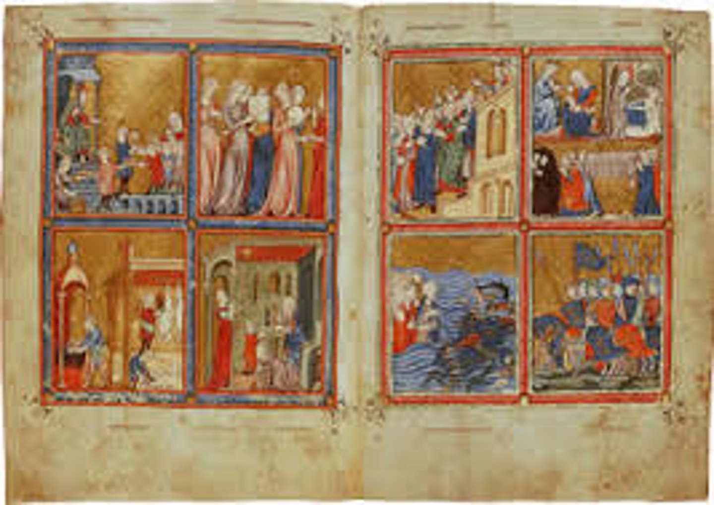 <p>C. 1320; Northern Spain (likely Barcelona)</p><p>These pages depict the 10 plagues in clockwise order (starting top left) there are 10 total plagues</p><p>Painful boils, frogs invade the city, death of cattle, wild animals</p><p>Angel strikes a man, the queen mourns her baby's death (plague of the firstborn)</p><p>Last page is preparing for passover/their freedom</p><p>Have the unleavened bread (matzas) and they escape the Egyptians</p>