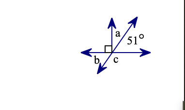 <p><span style="line-height: 1.2; background-color: transparent !important;"><span>∠</span></span><span style="background-color: transparent !important;"><span>a</span></span><span style="line-height: 1.2; background-color: transparent !important;"><span>=</span></span><span style="line-height: 1.25; background-color: var(--acs-internal-equation-disabled-color) !important;"><span>39</span></span><span style="line-height: 1.2; background-color: transparent !important;"><span>°</span></span></p><p><span style="line-height: 1.2; font-size: 1.6rem;"><span>∠</span></span><span style="font-size: 1.6rem;"><span>b</span></span><span style="line-height: 1.2; font-size: 1.6rem;"><span>=</span></span><span style="line-height: 1.25; font-size: 1.6rem;"><span>51</span></span><span style="line-height: 1.2; font-size: 1.6rem;"><span>*</span></span></p><p><span style="line-height: 1.2; background-color: transparent !important;"><span>∠</span></span><span style="background-color: transparent !important;"><span>c</span></span><span style="line-height: 1.2; background-color: transparent !important;"><span>=</span></span><span style="line-height: 1.25; background-color: var(--acs-internal-equation-disabled-color) !important;"><span>129</span></span><span style="line-height: 1.2; background-color: transparent !important;"><span>°</span></span></p>