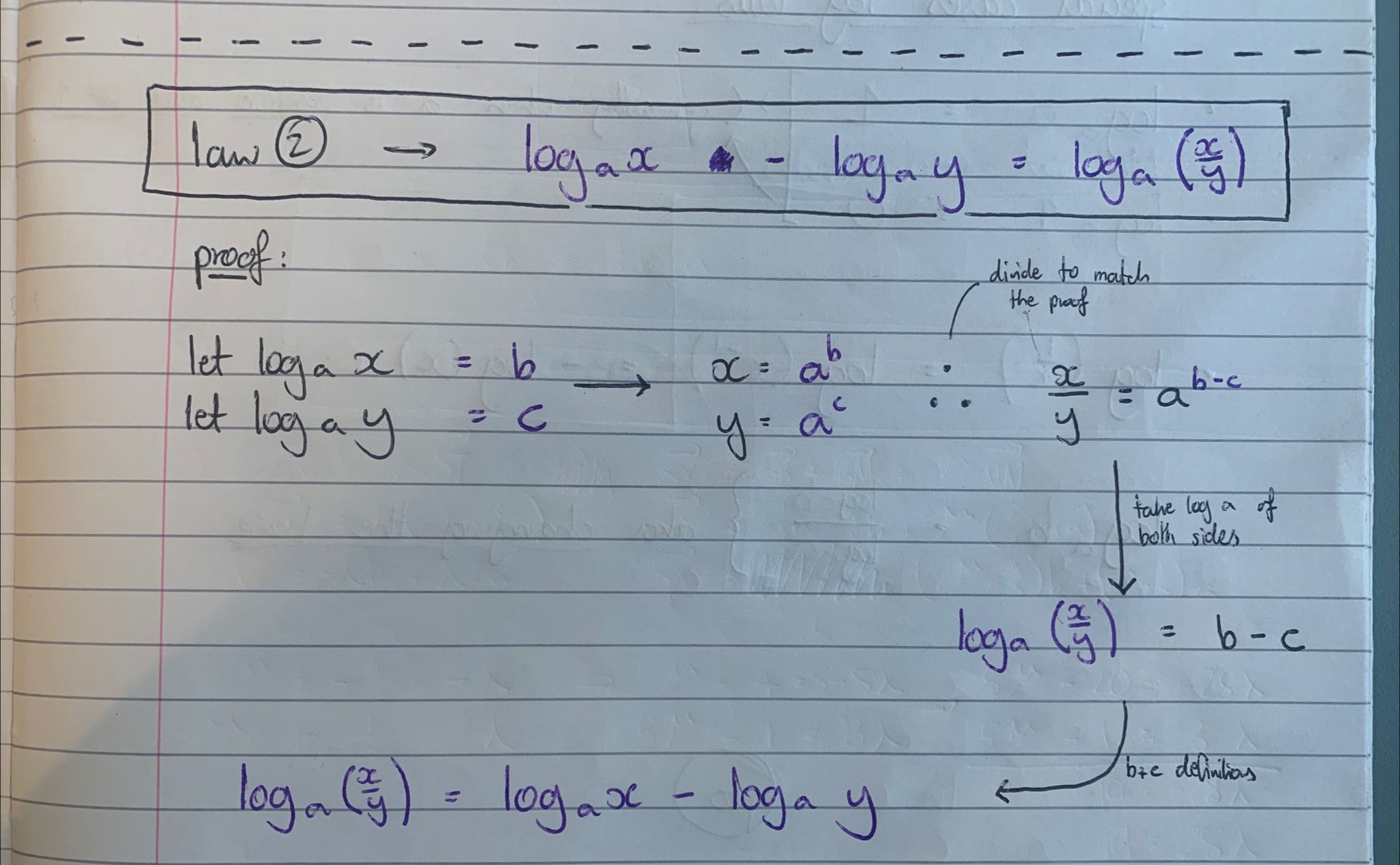 <p>log<sub>a</sub>x - log<sub>a</sub>y = log<sub>a</sub>(x/y)</p>