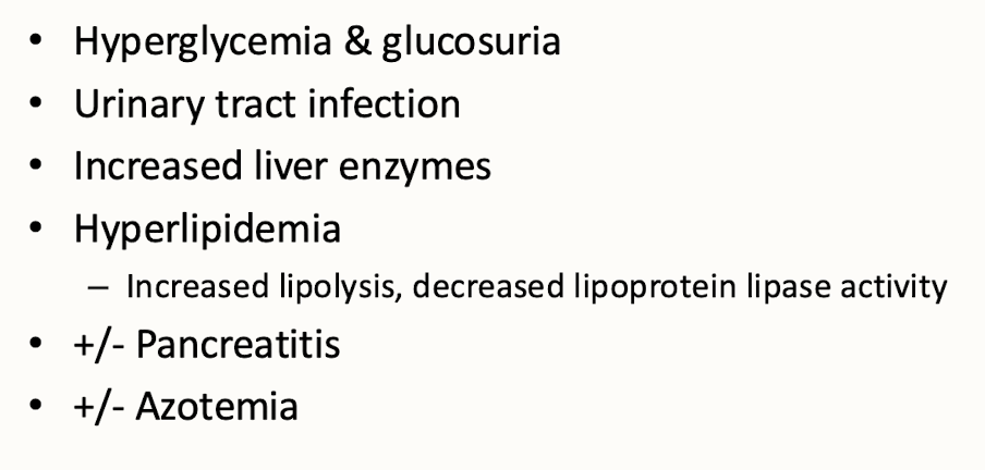 <p><strong>Hyperglycemia &amp; glucosuria</strong>(stress), hyperadrenocorticism&nbsp;</p><ul><li><p>IV glucose tolerance test</p></li><li><p>Glycated proteins </p><ul><li><p>hyperglycemia, glucose likes to attach to proteins </p></li><li><p><strong>serum fructosamine → mainly albumin</strong> </p></li><li><p>hemoglobin test for humans, not animals </p></li></ul></li></ul><p></p>