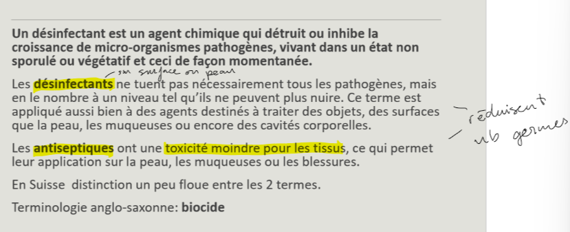 <p>Désinfectant : objets/surfaces inertes + peau et muqueuses<br>Antiseptique : seulement tissus vivants (peau, muqueuses, plaies).</p><p></p>