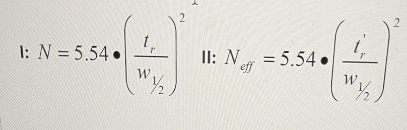 <p>The following equations are used to calculate column efficiency.</p><p class="p1">What do the terms represent?</p>