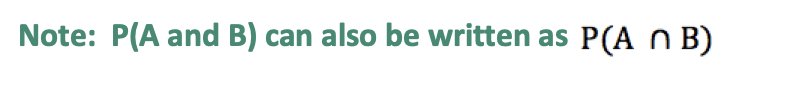 <p>tf events are independent ie the result of one event does not affect result of event 2) then: P(A and B) = P(A) X P(B)</p><p></p><p>if events are dependent onie the result of one depends on the result of the other) then: P(A and B)= P(A) X P(B|A)</p><p>where P(B|A) means P(B) given that A happened</p>