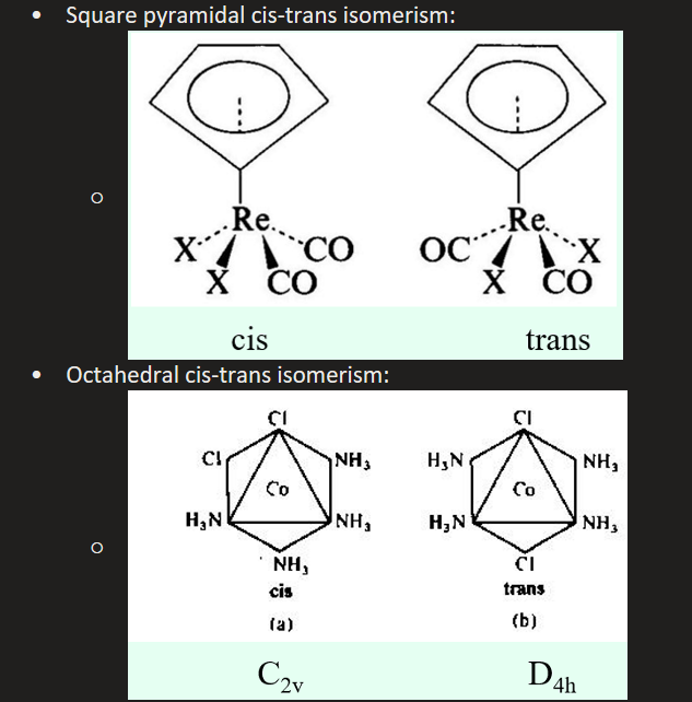 <ul><li><p>Stereoisomerism </p></li><li><p>The occurrence of cis and trans complexes </p></li><li><p>Does NOT occur in tetrahedral complexes </p></li><li><p>Can be seen in square planar, square pyramidal and octahedral if it has MA<sub>2</sub>B<sub>4</sub> formula </p></li><li><p>For octahedral, both of the A<sub>2 </sub>atoms will be axial to be trans - cis-trans isomerism within octahedral molecules can cause colour changes in the complex </p></li></ul><p></p>