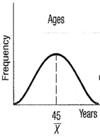 <p>mean = median</p><ul><li><p>data values evenly spread around these values</p></li><li><p>data values below mean and median are mirror image of those above </p></li></ul><p></p>