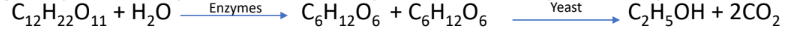 <ol><li><p>dilution of molasses: molasses is first diluted with water in 1:5 molasses: water ratio by volume</p></li><li><p>ammonium sulphate: if nitrogen content of the molasses is less, it is fortified with ammonium sulphate to provide adequate supply of nitrogen to yeast </p></li><li><p>addition of sulfuric acid: fortified solution of molasses is then acidified with small quantity of sulfuric acid. addition of acid favors growth of yeast but unfavors growth of useless bacteria</p></li><li><p>Fermentation The resulting solution is received in a large tank and yeast is added to it at 35°C and kept for 2</p><p>to 3 days. During this period, enzymes sucrose and zymase which are present in yeast, convert sugar into ethyl alcohol</p></li><li><p>Fractional distillation: Alcohol obtained by fermentation is called wash which is about 15-18% pure. by using fractional distillation, it is converted to 92% pure alcohol, known as rectified spirit or commercial alcohol.</p></li></ol><p></p>