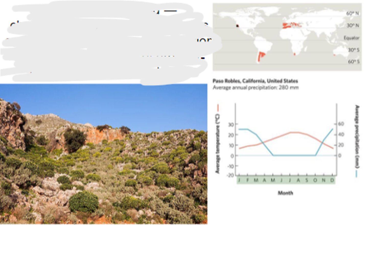 <p>characterized by hot, dry summers and mild, wet winters, a combination that favors the growth of drought-tolerant grasses and shrubs</p>
