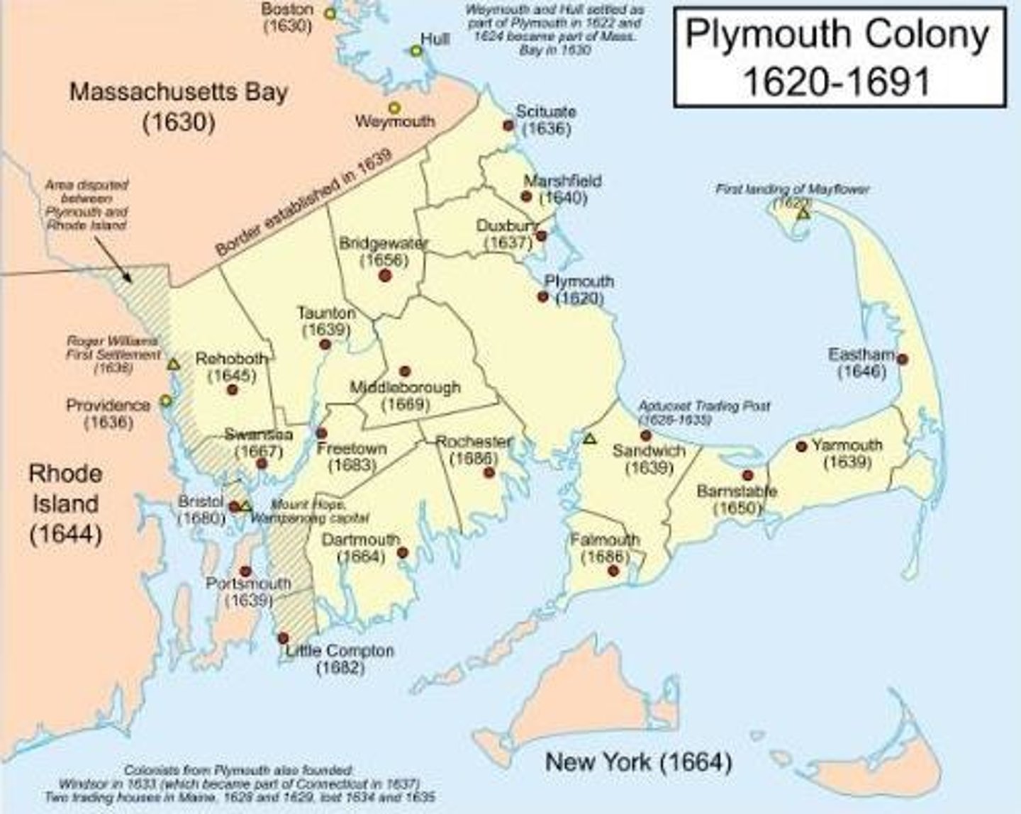 <p>This colony was started by the Pilgrims at Plymouth (Massachusetts). In the first winter nearly half of them perished. They were helped by friendly American Indians and celebrated the first Thanksgiving in 1621.</p>