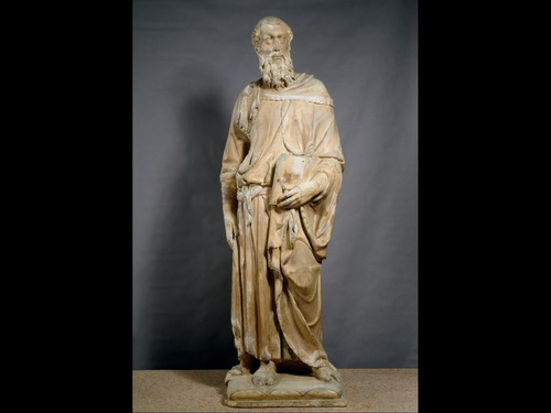 <p>Statue was in the niche in ____ city hall that would have belonged to the linen drapers guild. The statue is 7ft 11in and carved to be seen from the street below (body is lengthened, legs are shortened). Meant to resemble Greek/Roman art, Florence wanted to emphasize their status as a successor of Earlier Roman cities. In contrapposto, lots of detail in the cloth, head has slightly thinning hair, serious expression, seems like a present, realistic figure. </p>