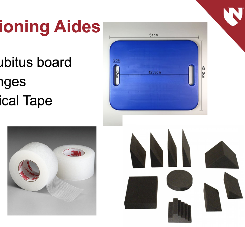 <p>Decubitus board (build off mattress when doing decub), sponges, or medical tape</p>