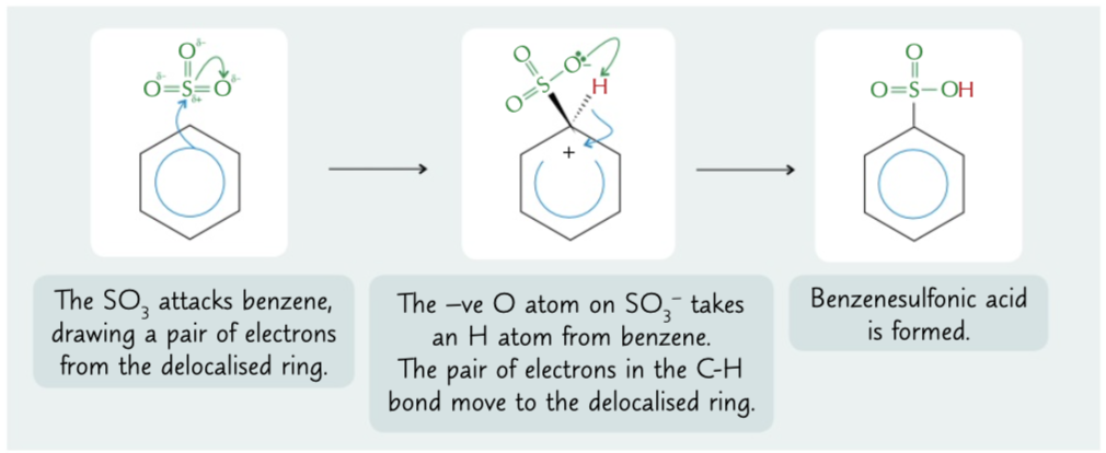 <p>SO3 attacks benzenes delocalised ring due to S been +ve. O -ve then takes h from the benzene where it has bonded and electrons return to the delocalised ring. form of electrophilic substitution</p>