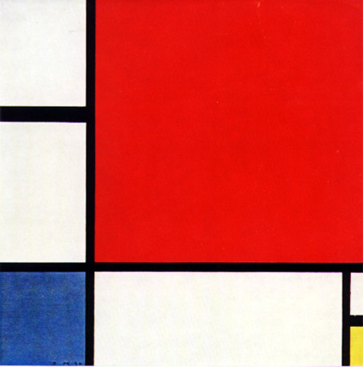 <p>1930. Piet Mondrian. Oil on canvas. DeSTIJL<br>Primary colors, NO SHADING<br>AsymmetricalBlack lines seperate<br>Inspired by cubisms simplificatiojn of forms &amp; multiple perspectives. Transiioned from reprisntational to abstract.<br>Believed abstraction= truer perspective. Representation of human progress (contrasted with western perspectives</p>