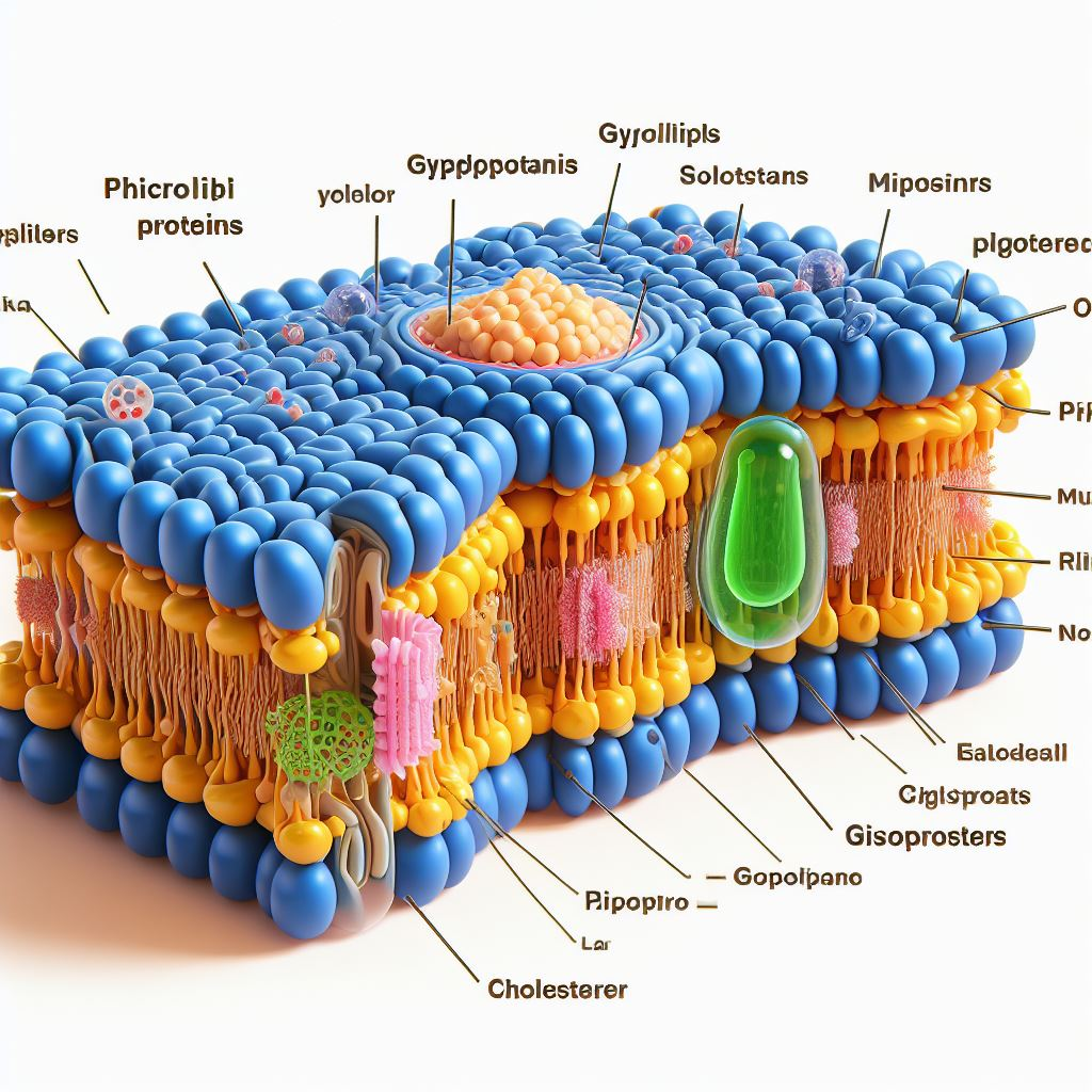 <p>A plasma membrane is composed of various components. </p><ol><li><p>Phospholipid Bilayer: Consists of two layers of phospholipids, with hydrophilic heads facing outward and hydrophobic tails facing inward.</p></li><li><p>Integral Proteins: Span the entire width of the membrane and are embedded within the phospholipid bilayer.</p></li><li><p>Peripheral Proteins: Attached to either the inner or outer surface of the membrane.</p></li><li><p>Cholesterol: Scattered within the phospholipid bilayer, providing stability and fluidity to the membrane.</p></li><li><p>Glycoprotein: Protein with attached carbohydrate chains, involved in cell recognition and signaling.</p></li><li><p>Glycolipid: Lipid with attached carbohydrate chains, also involved in cell recognition.</p></li><li><p>Transport Proteins: Facilitate the movement of specific molecules across the membrane.</p></li><li><p>Receptor Proteins: Bind to specific molecules, triggering cellular responses.</p></li><li><p>Cell Surface Markers: Proteins and carbohydrates that help identify the cell type and aid in cell-cell recognition</p></li></ol>