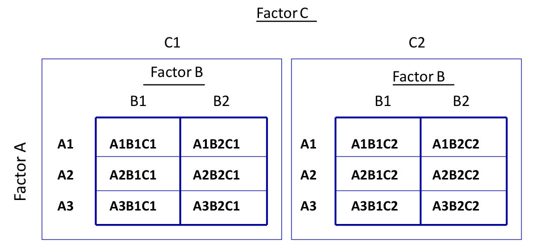<ul><li><p>three-factor design</p></li><li><p>12 conditions (see image)</p><ul><li><p>A, B, C; 2 × 3 × 2 = 12 (you multiply)</p><ul><li><p>A = 2 conditions</p></li><li><p>B = 3 conditions</p></li><li><p>C = 2 conditions</p></li></ul></li></ul></li></ul><p></p>