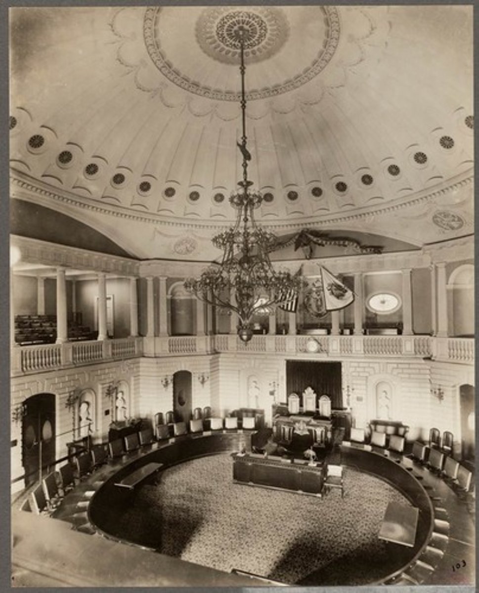 <p>The dome is in a square room with chamfers. Pendentives transition into the dome (precedent: "the Pantheon" Great Room, James Wyatt, London, 1769-72)</p>