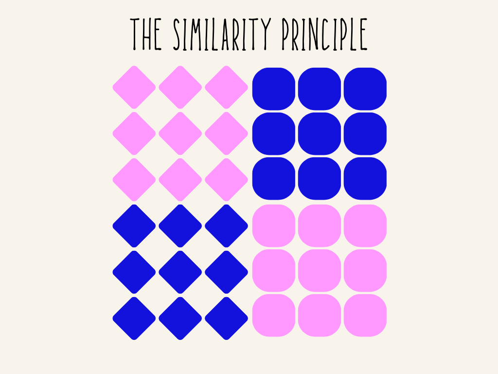 <p>Objects that look alike (color, shape, size, etc) are perceived to belong in a group.</p>