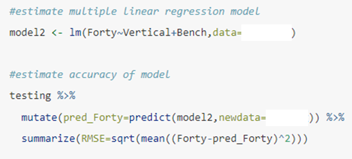 <p>After splitting a sample into training and testing sets, imagine you estimate and evaluate the multiple linear regression model (<span>model2</span>) shown below. Which data set should be referenced in the blank boxes after <span>data=</span> and <span>newdata=</span> ?</p><p>&nbsp;</p><p>testing, training</p><p>training, testing</p>